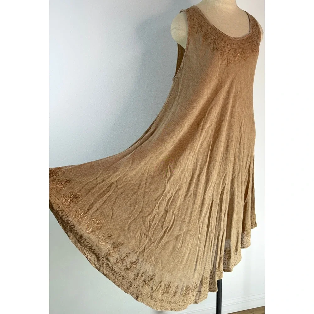 Boho Chic Tan Asymmetrical Midi Dress‎ Swim Coverup Floral Embroidered Lagenlook